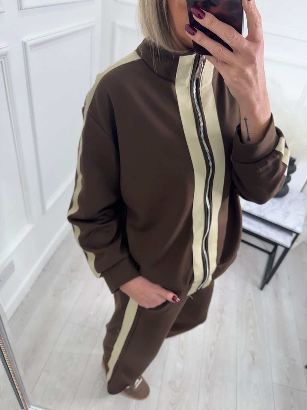Brown Contrast Stripe Tracksuit Set