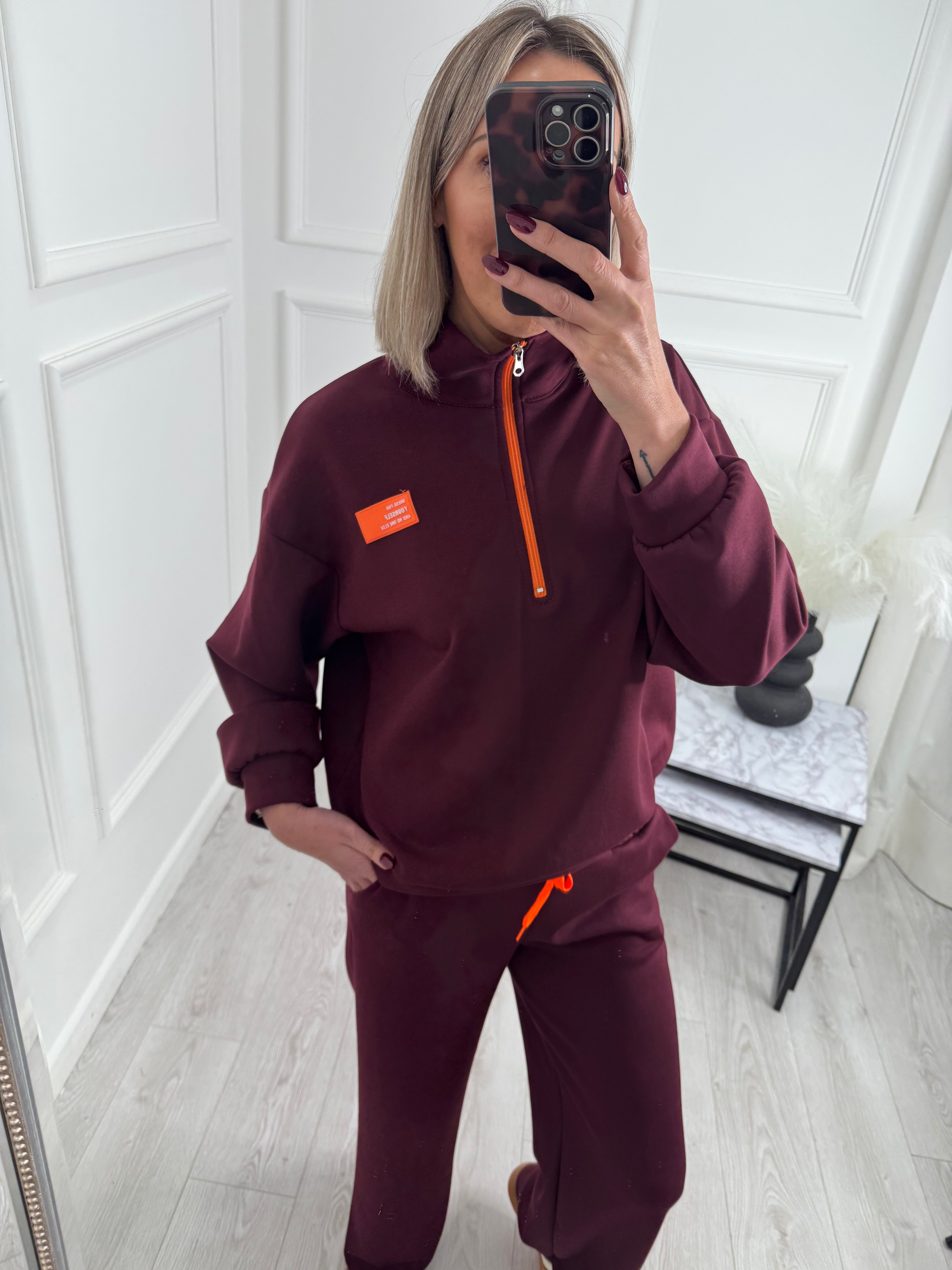 Burgundy Neon Detail Tracksuit Set