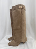 Taupe Faux Suede Heeled Knee High Boots