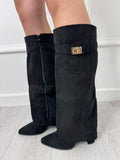 Black Faux Suede Heeled Knee High Boots