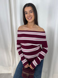 Burgundy Bardot Stripe Knit Top