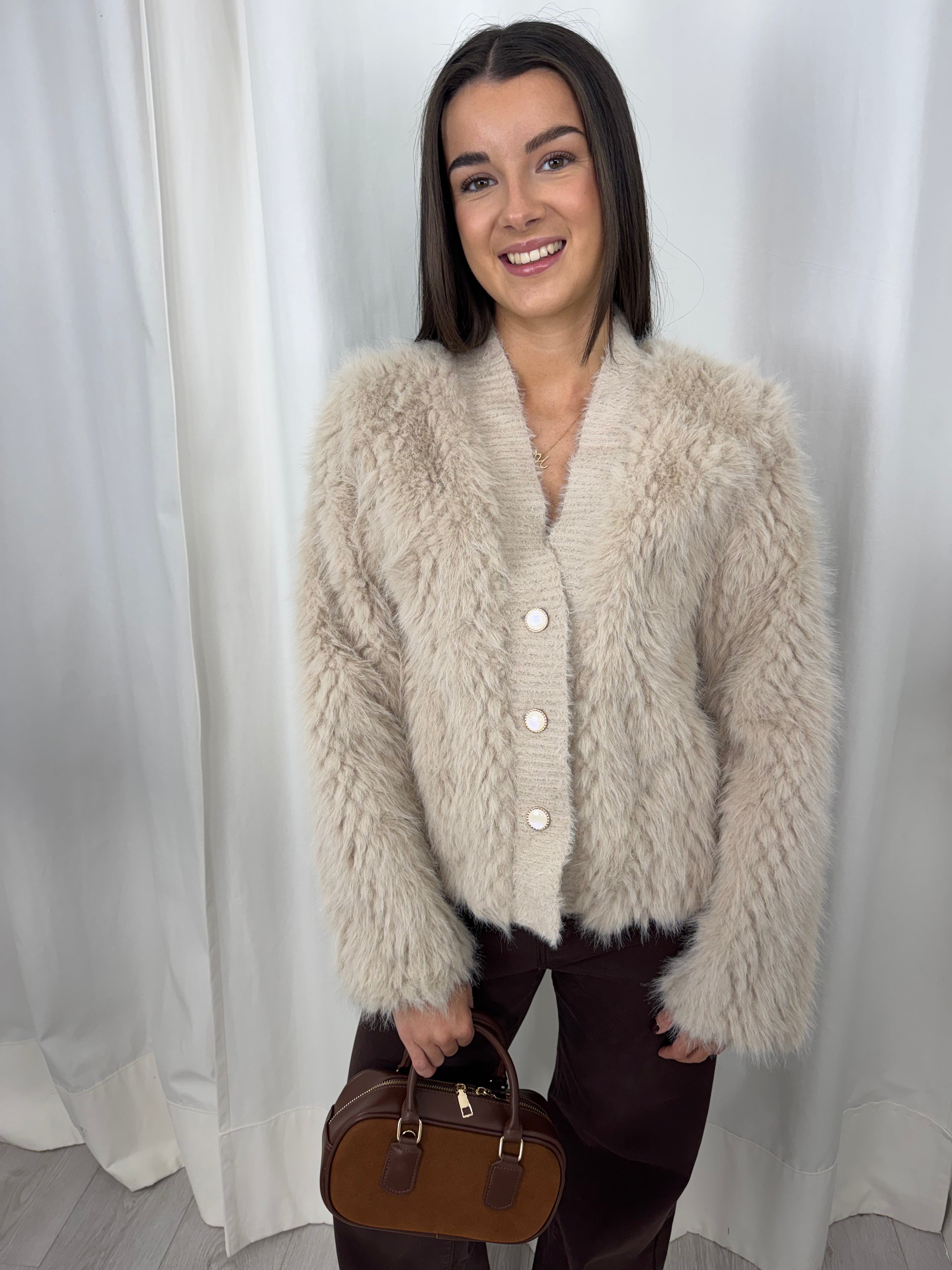 Beige Faux Fur Button Up Cardigan